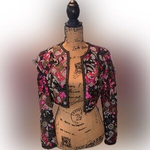 Vintage AJ Bari Fully Beaded Silk Cropped SequinJacket Pink Gold Embellished 2P